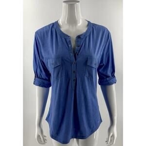 Khul Womens Top Size Large Blue Roll Tab Sleeve Organic Cotton Henley Tee Shirt